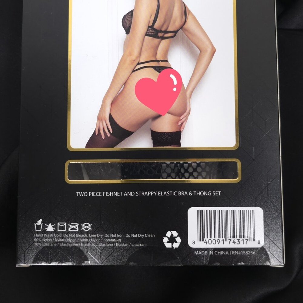 Fishnet Strappy Bra Thong Lingerie Set Black One Size Seven Til Midnight - Picture 7 of 9